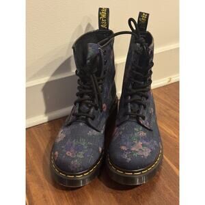 Dr. Martens 1460s Castels Airwair Blue Denim Canvas Flower Combat Boots Wm 6